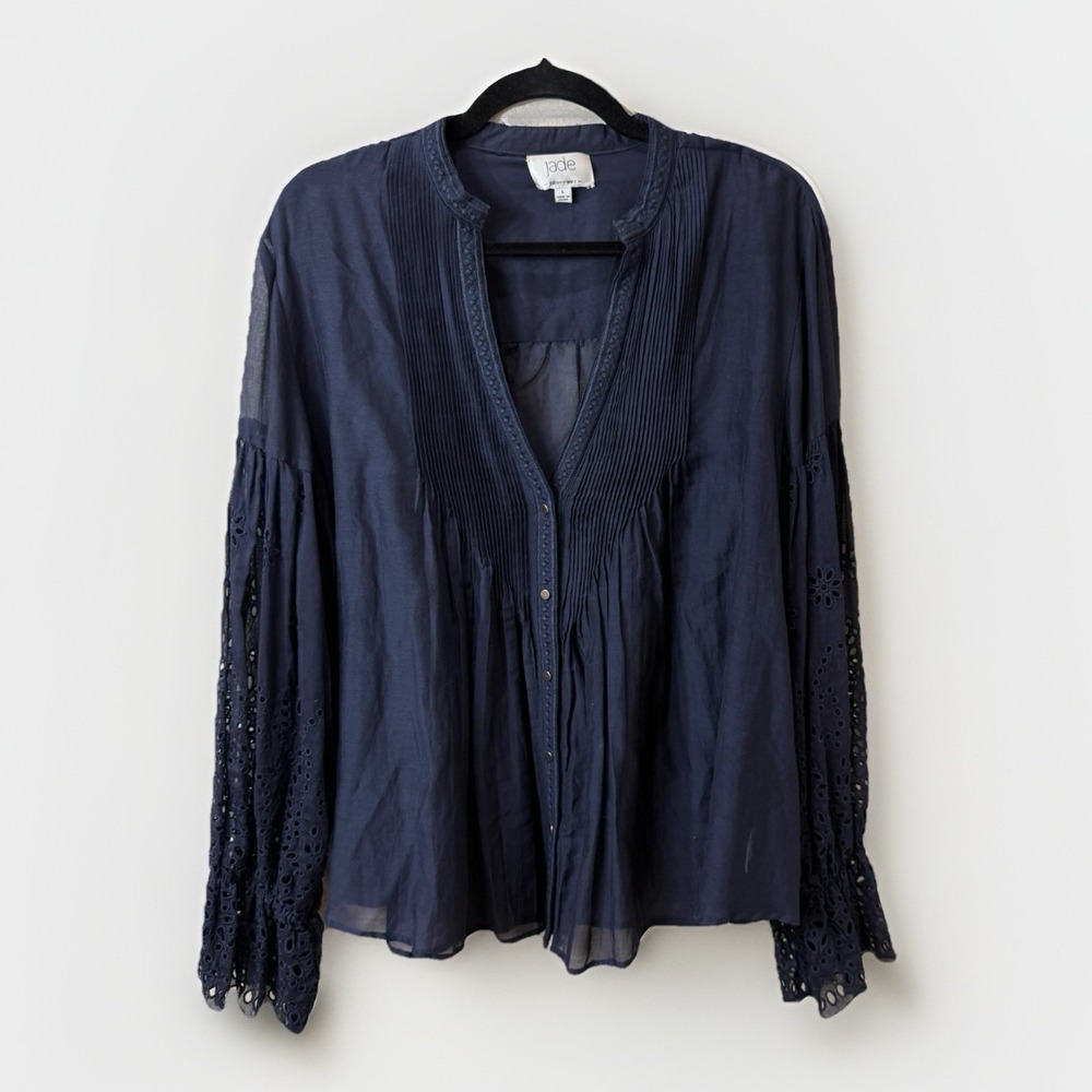 Johnny Was Jade Peasant Navy Blue Blouse Eyelet Detail Silk Cotton Blend Size L